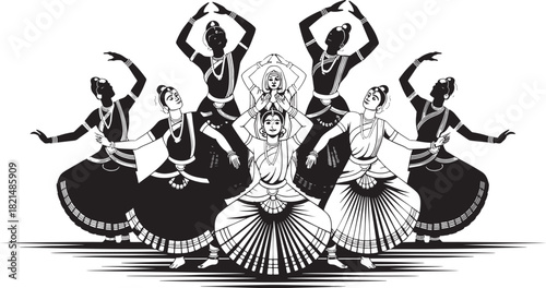 Group of seven bharatanatyam dancers performing traditional indian classical dance pose in silhouette