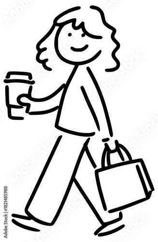 Cute stick figure woman walking with coffee