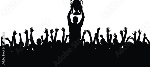 Silhouette of champion holding trophy above crowd celebrating victory and success