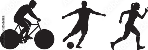 Silhouette set of cyclist soccer player and runner in action poses
