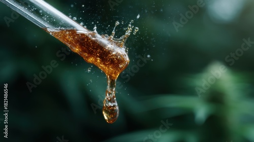 This image captures a close-up view of a droplet of thick, golden liquid falling from a glass test tube, showcasing a moment of dynamic action against a blurred background.