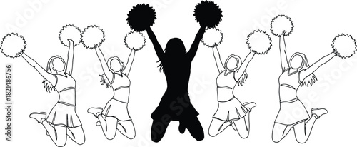 Line art of cheerleaders jumping with pom-poms, synchronized team performing cheerleading routine, sports event enthusiasm vector illustration.