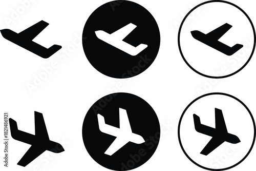 Airplane Icon Set. Flight travel symbols.  Plane departure and arrival signs. Departure and Arrival Icons. Air travel route symbol
