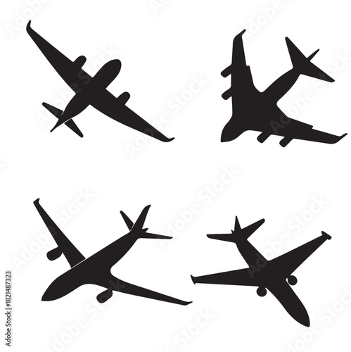 Airplane icons set. Black silhouettes of aircraft on white background
