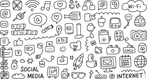 Collection of hand drawn doodle icons representing social media, internet, technology, communication, and digital connection symbols isolated on
