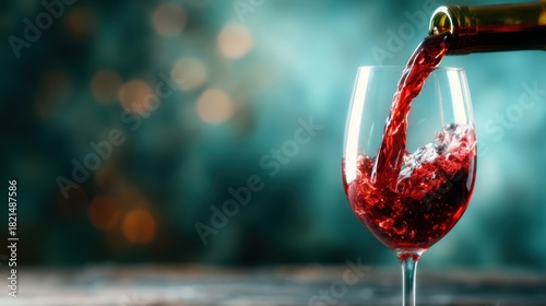 A mesmerizing image of red wine being poured into a pristine glass, capturing the rich hues and dynamic motion of the liquid against a soothing turquoise backdrop.