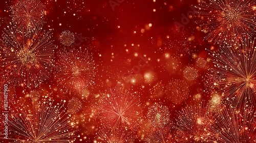 Abstract red background with glittering golden fireworks and shimmering bokeh effects