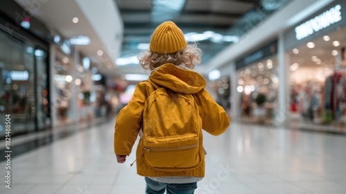 A joyful child in a yellow jacket and hat runs through a bright and lively shopping mall, showcasing the excitement of exploration and the thrill of adventure.