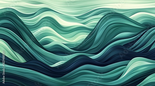Abstract Illustration Depicting Fluid Wave Patterns in Layered Shades of Teal and Green with Dynamic Flow and Depth