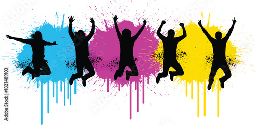 Silhouettes of five young people jumping on vibrant ink splatters, happy youth celebrating success, freedom, and colorful artistic expression vector.