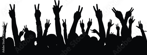 Audience silhouette with hands showing peace and victory signs, cheering crowd at music festival or concert, positive gesture vector banner.