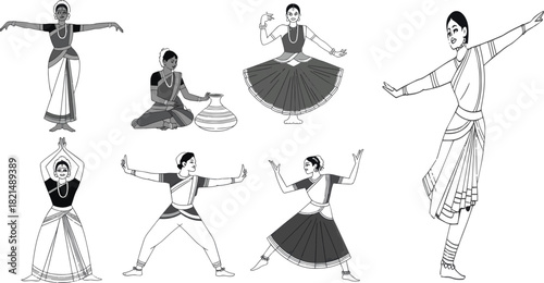 Collection of diverse black and white vector illustrations depicting various classical indian dance poses isolated on