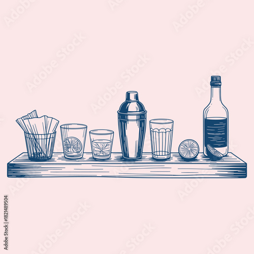 Blue line art cocktail bar setup with shaker glasses bottle and lime slices on a wooden shelf drinks