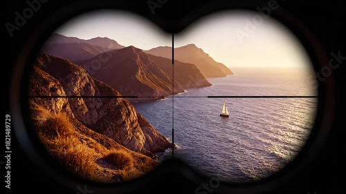 Sailboat glides across sparkling ocean waters viewed through binoculars, coastal mountains bathed in golden hour light