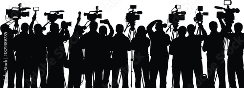 Based on the image of a crowd of journalists and paparazzi with cameras, here is the requested title and list of keywords optimized for Adobe Stock SEO.