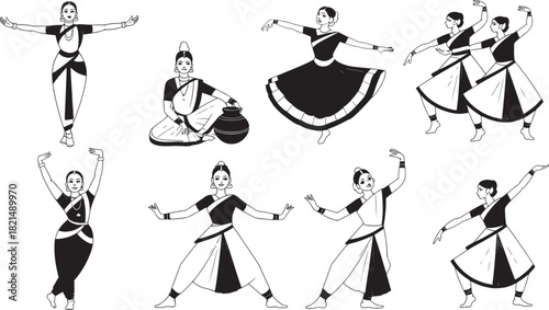 Collection of various classical indian dance poses and mudras in a black and white illustration style