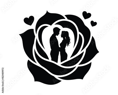 Romantic couple silhouette inside a rose with hearts for valentine s day