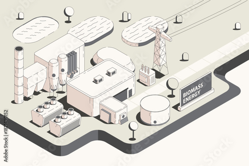 Isometric View of Biomass Energy: Renewable energy from nature