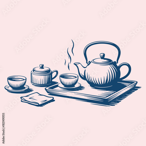 Dark blue teapot and cups on a tray with steam rising saucer