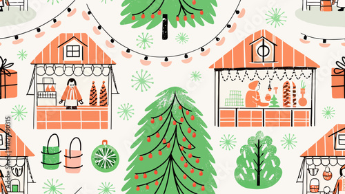 Charming holiday market scene with Christmas trees and gift stalls, perfect for seasonal designs and festive promotions