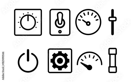 Minimalist icon set of dials and switches in black outline style