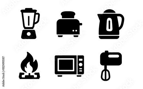 Silhouette icons of kitchen appliances: blender, toaster, kettle, stove, microwave, mixer