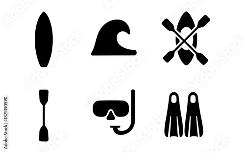 Water sports icon set: simple silhouettes for surfing, snorkeling, and kayaking