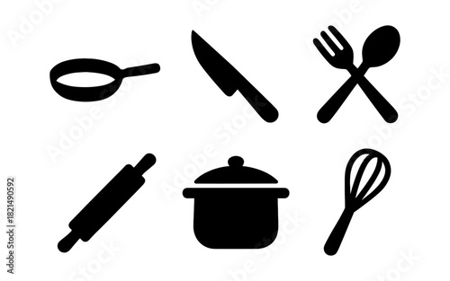 Kitchen utensil silhouettes: cooking tools set for culinary designs