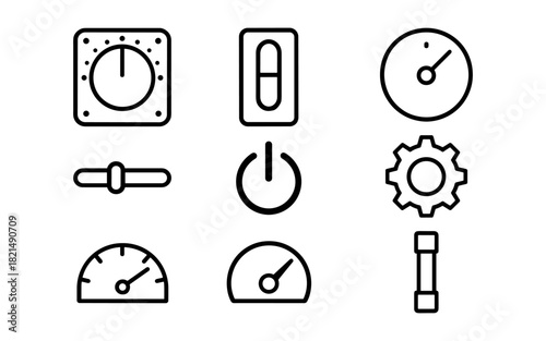 Minimalist icon set with dials, switches, and controls in linear design
