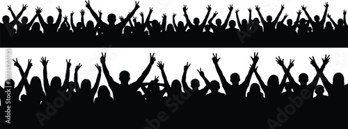 Double row of excited crowd silhouette with hands raised showing peace or victory V-signs, celebrating success, protest, or an event.