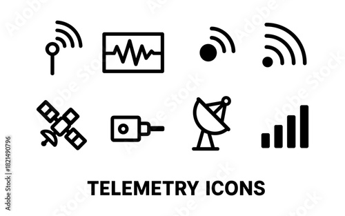 Minimalist telemetry icons with satellite, signal, and antenna designs