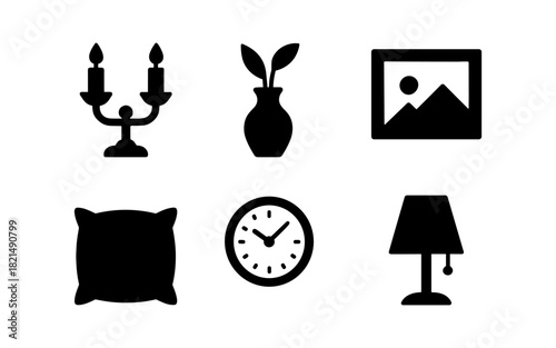Minimalist home decor icons: candlestick, plant, artwork, pillow, clock, lamp in silhouette style
