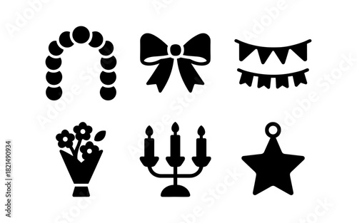 Elegant celebration icons set: garland, bow, candelabra, flowers, bunting, star