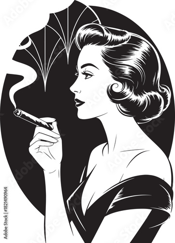 Vintage style black and white illustration of a glamorous woman in profile smoking a cigar with smoke rising