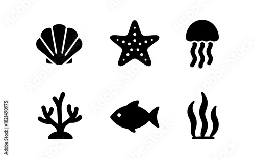 Silhouette marine life icons: starfish, coral, jellyfish, fish, and more