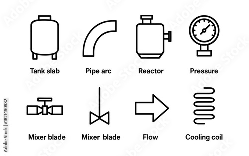 Minimalist industrial equipment icons set: reactor, pressure, flow, and more