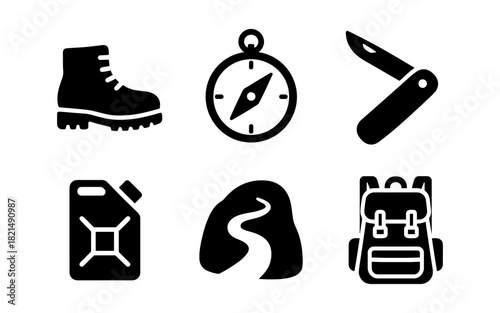 Outdoor adventure icons: hiking boot, compass, pocket knife, fuel can, trail, backpack in silhouette style