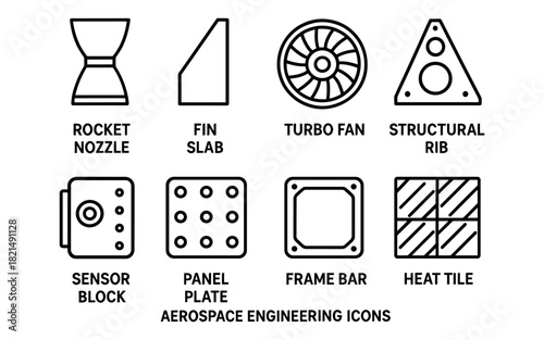 Aerospace engineering icons set: rocket parts and components in linear design