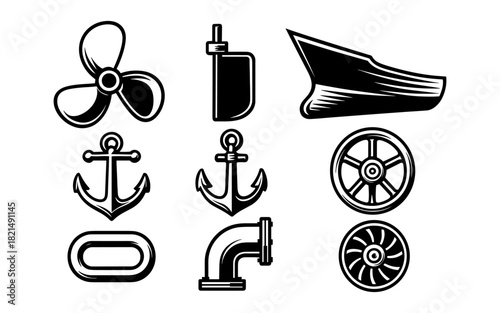 Nautical equipment icons: propeller, anchor, ship parts in black and white