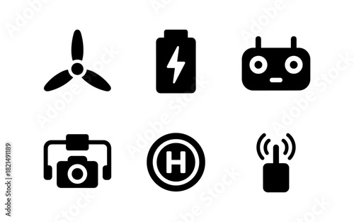 Drone equipment icons set featuring battery, controller, camera, and propeller symbols in silhouette style