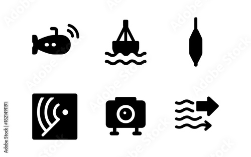 Nautical icons set featuring submarine, sonar, buoy, and periscope elements