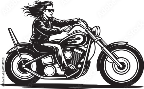 Black and white illustration of a cool biker with long hair riding a classic chopper motorcycle isolated on