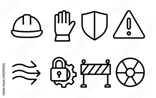Set of safety and protection icons in linear design for construction and security