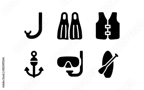 Silhouette icons of snorkeling gear and water sports equipment