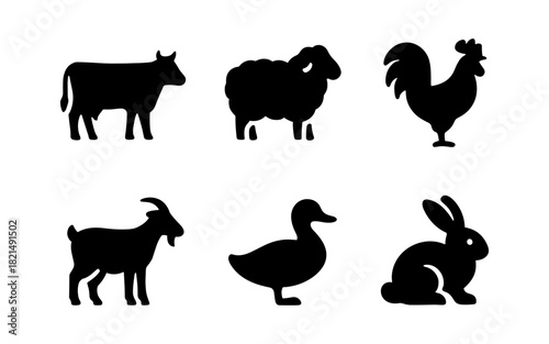 Farm animal silhouettes: cow, sheep, rooster, goat, duck, rabbit in black icons