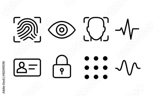 Minimalist security icons collection: fingerprint, face id, lock, and more