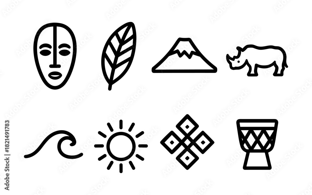 Fototapeta premium Black line icons of african culture: patterns, nature, and symbols