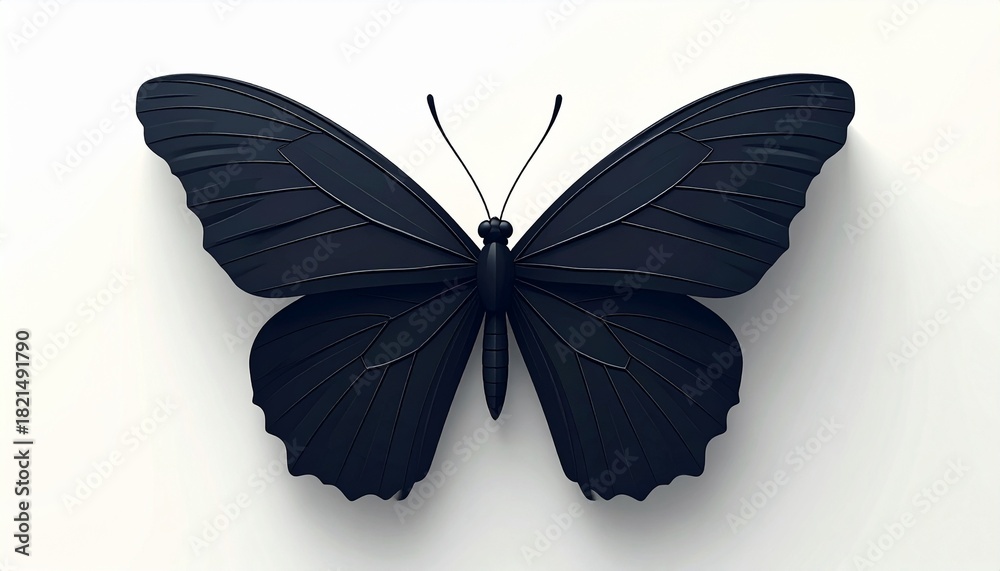 Obraz premium Elegant Black Butterfly on White Background, Delicate Winged Insect Symbolizing Transformation and Beauty