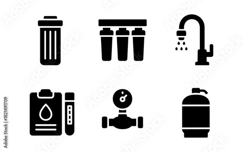 Water filtration system icons set in silhouette design