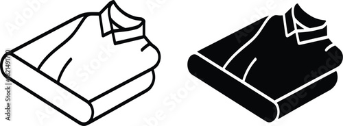 Set of Two Folded Shirt Icons, Outline and Glyph Styles, Isometric Clothing Apparel Retail Textile Symbol, Simple Monochrome Vector Graphic Clipart